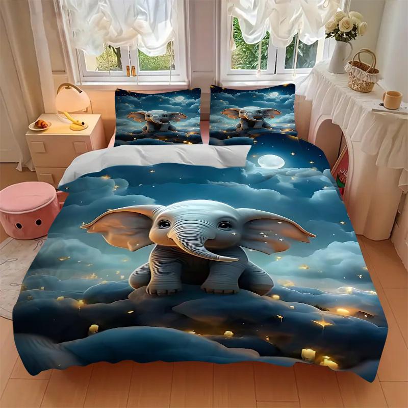 3pcs Anime Elephant Cloud Night Sky Comforter Set with One Quilt Cover and Two Pillowcases (No Core) - Festive Gift for Bedroom Decor, Polyester Fabri