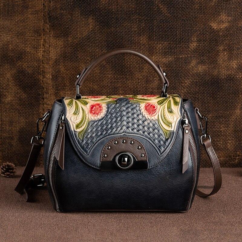 Johnature Retro Embossed First Layer Cow Leather Women Bag Handmade Floral Hasp Handbag Leisure Shoulder Messenger Bags