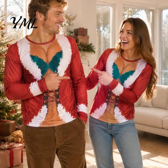 Funny Christmas Shirt Shirt, Hilarious 3D Fake Corset Chest Print Crew Neck Tee Pullover Top, Novelty Long Sleeve Festival Costume for Holiday