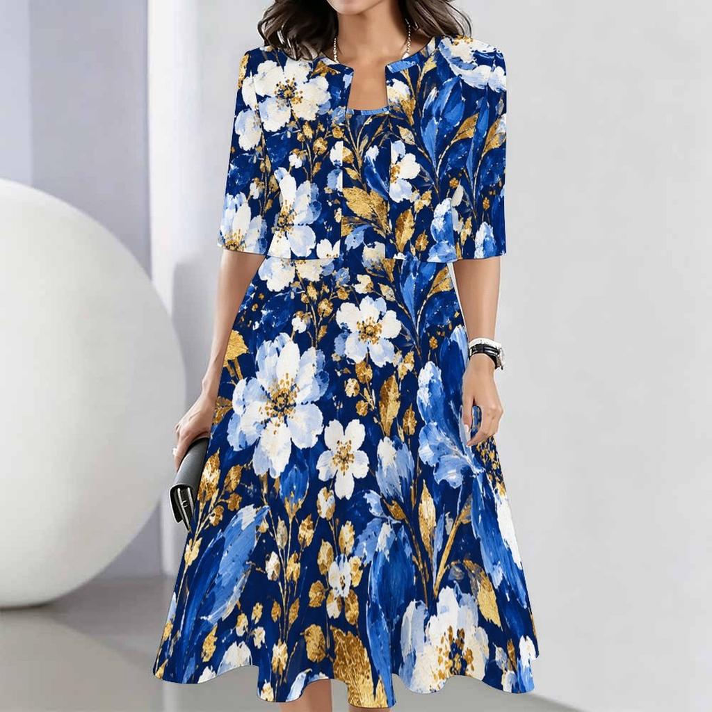 Women Plus Size Two Piece Set Round Neck Sleeveless Flared Dress Short Sleeve Cropped Cardigan Printed Floral Leaf