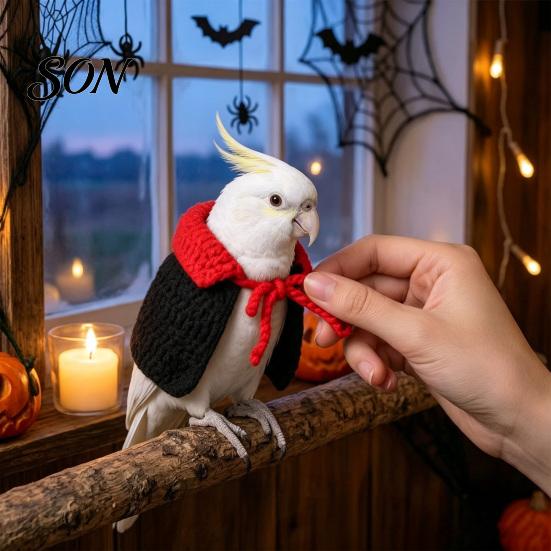 Costume for Parrots Halloween Parrot Vampire Cape, Knitted Cosplay Cape with Red Small Animal Holiday Outfit Collar, Crochet Bird Cloak Party