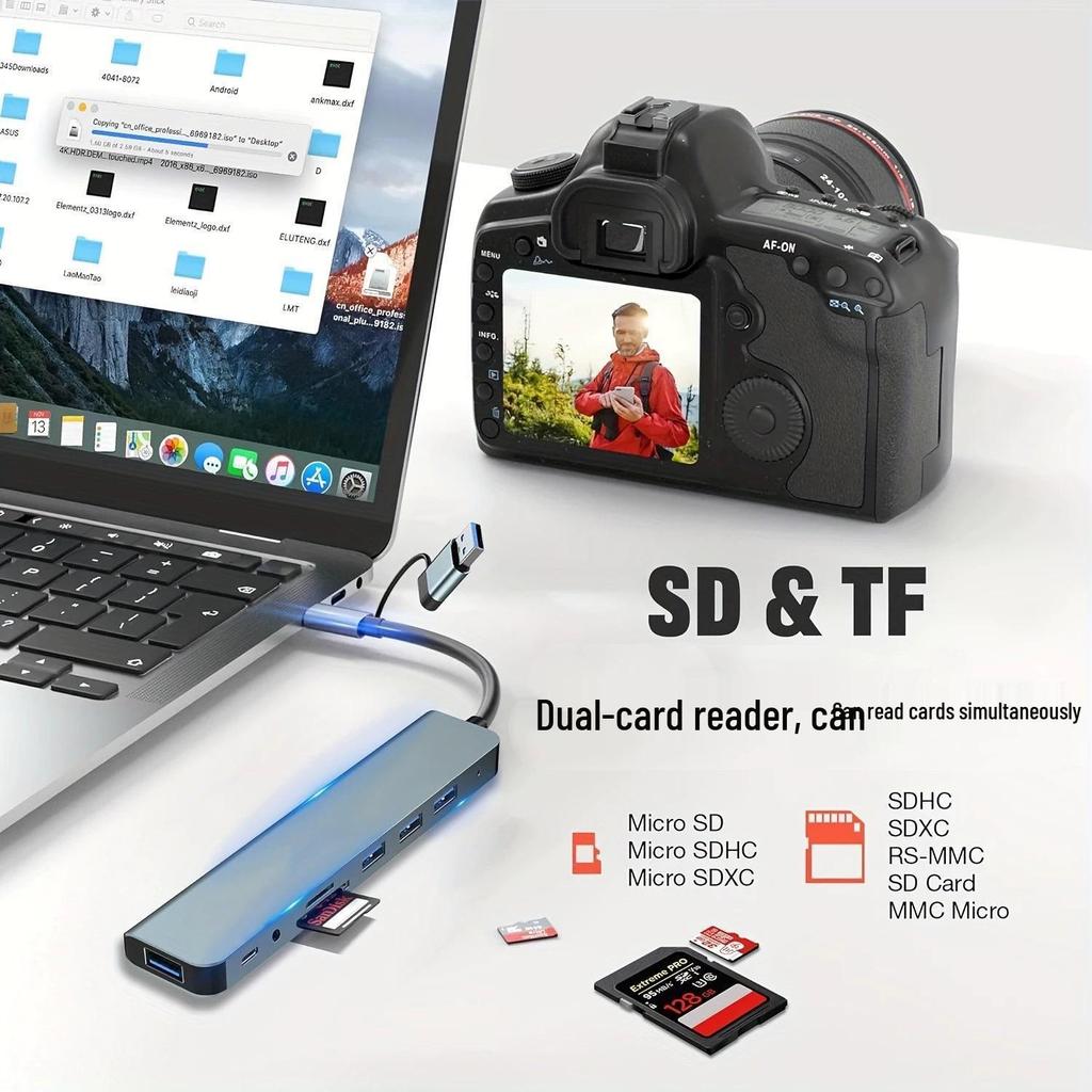 8-в-1 USB 3.0 Док-станция со считывателем карт TF/SD и USB-хабом для ноутбука