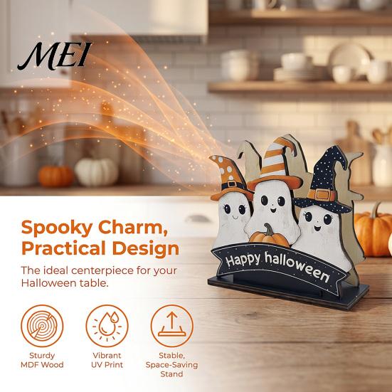 Festive Dining Table Ornament Halloween Wooden Napkin Holder, Ghost Pumpkin Decorative Tabletop Tissue Dispenser, Rustic Kitchen Counter Storage Paper