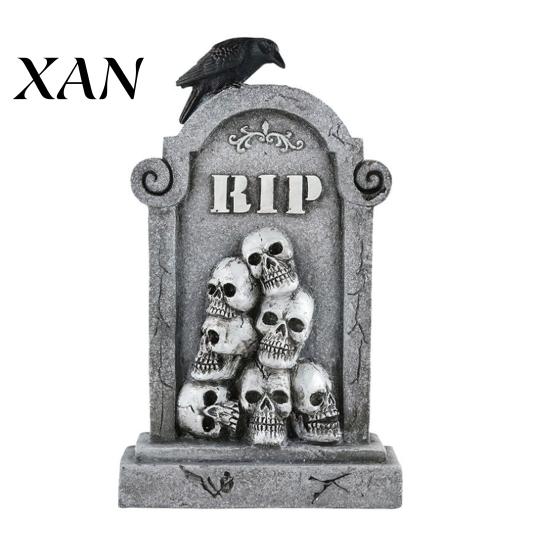 Outdoor Festive Scene Accessory Halloween Skull Tombstone, Stone Look Retro Gothic Resin Creepy Haunted House Horror Decor Crow Gravestone Ornament