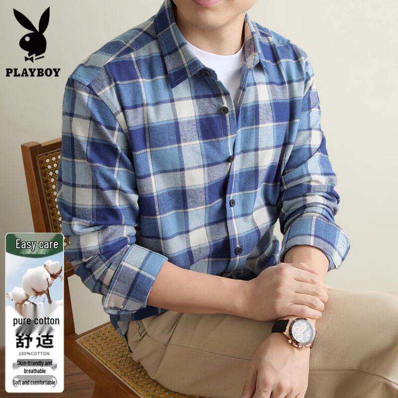 PLAYBOY Мужская повседневная рубашка с длинным рукавом из байки