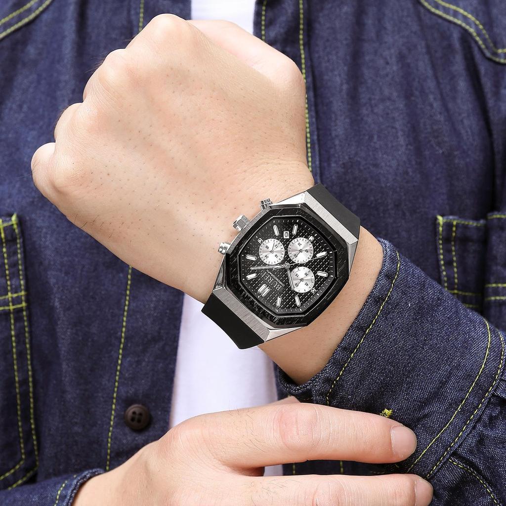 Часы с прямоугольным циферблатом, хронограф, кварцевые часы, аналоговые, водонепроницаемые, дата, черный уретановый ремень, часы в подарок [BUREI] Мужские Мужские Мужские