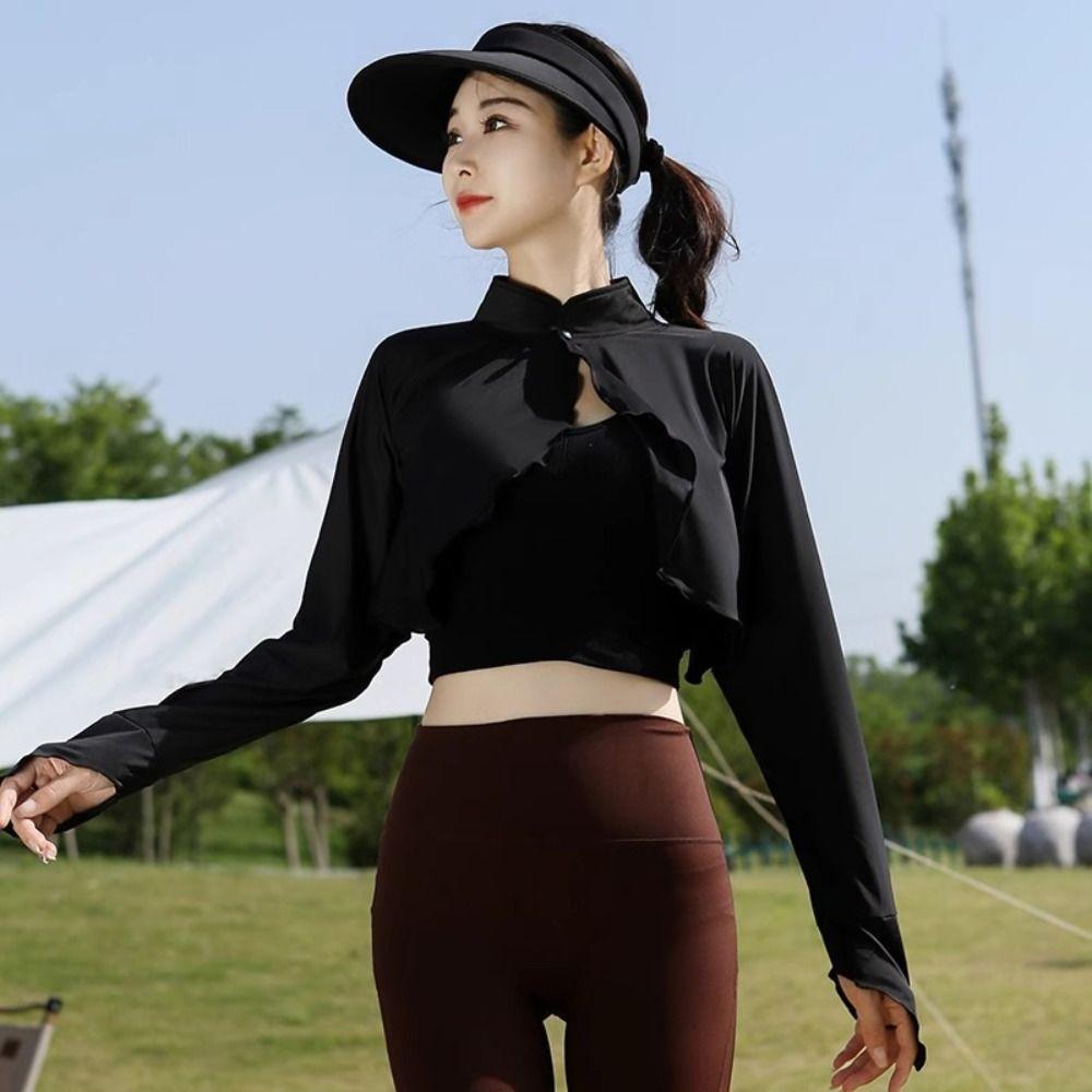 Solid Color Sun Protection Clothing Long Sleeve Ice Silk Cape Long Sleeve Crop Top Sun Protection
