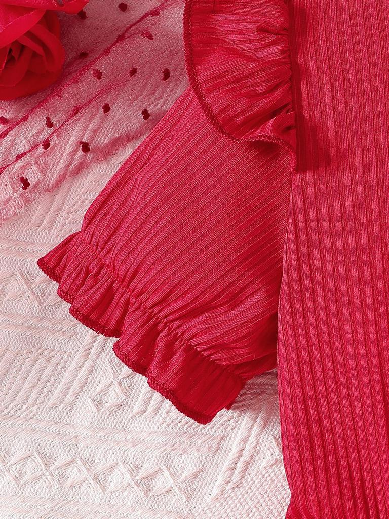 Girls Ruffle Short Sleeve Red Heart Mesh Dress Kids Spring Summer Daily Birthday Party Princess Dress