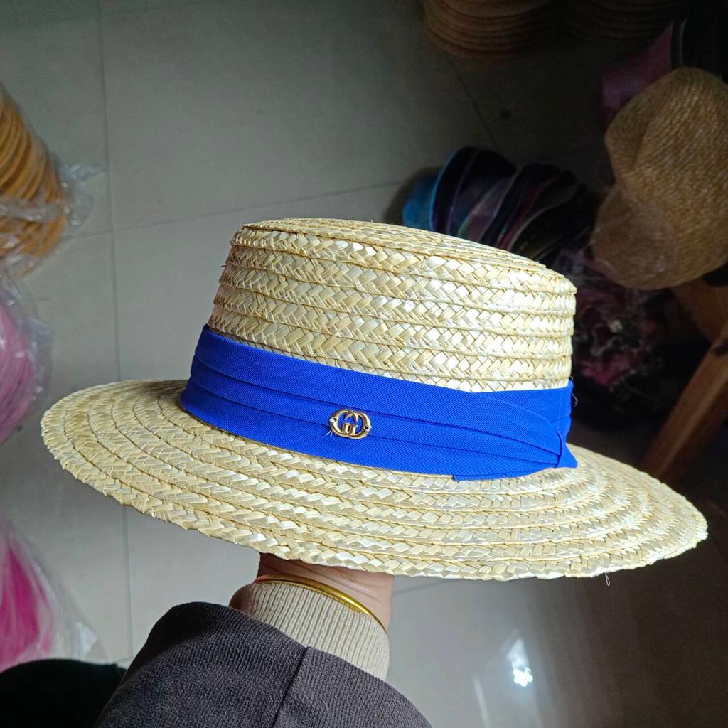 Summer Straw Hat Pearl Pin Women's Summer Seaside Sunshade Hollow Groove Flat Top Straw Hat  Sombrero