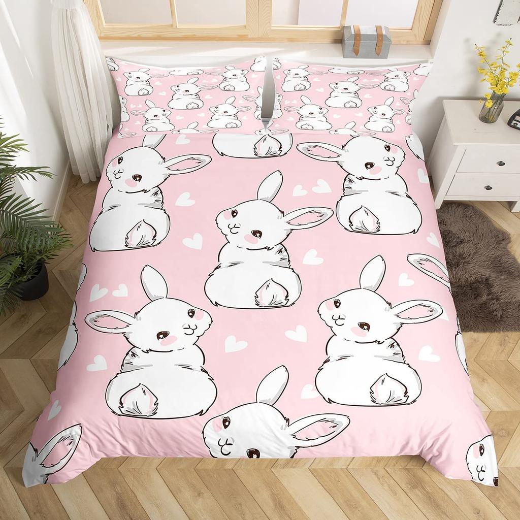 Cute Rabbit Duvet Cover Collection Twin Queen Colorful Flower Bedding Collection Microfiber Botanical Floral Cartoon Animal Comforter Cover