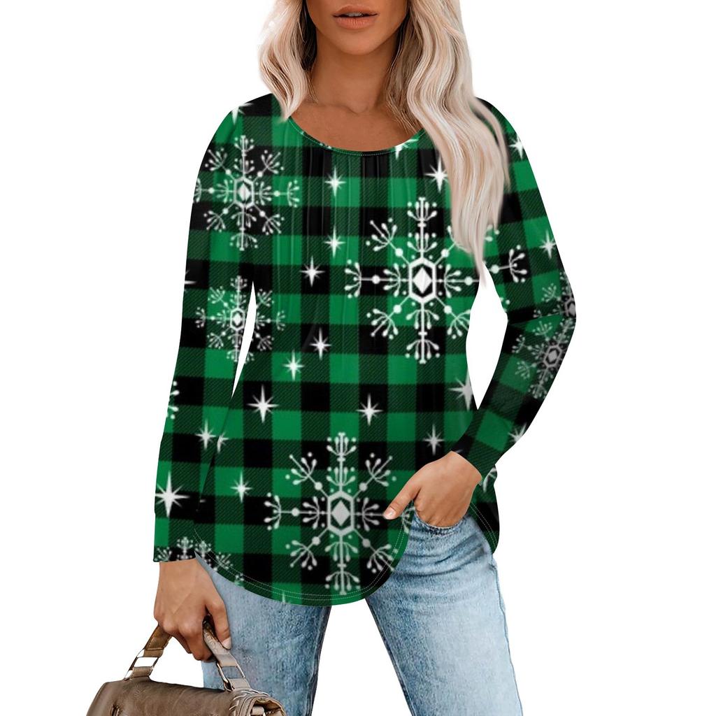 Женская повседневная футболка с круглым вырезом и длинными рукавами с рождественским принтом и складками