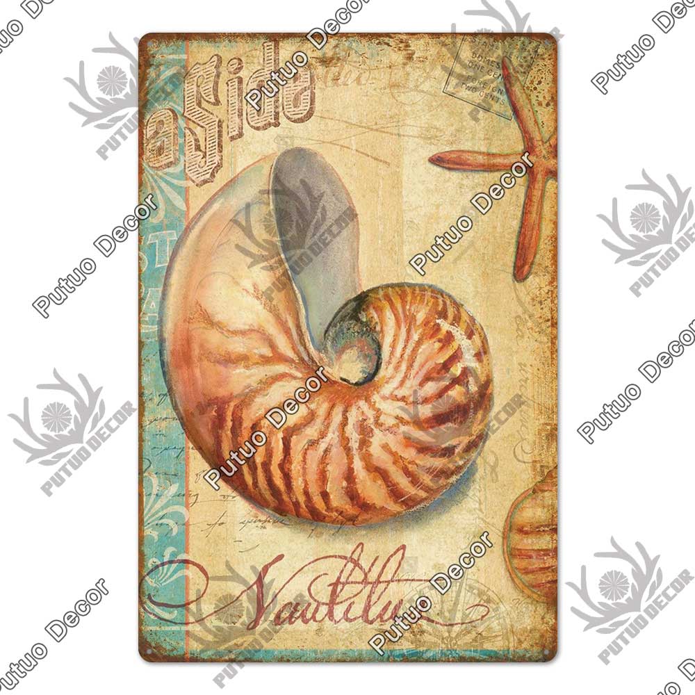 Putuo Decor Морские животные Жестяная табличка Винтажная Плакетка Металлическая Настенная Ретро Постеры для Пляжного Бара Дома Декоративное Искусство Жестяная Живопись
