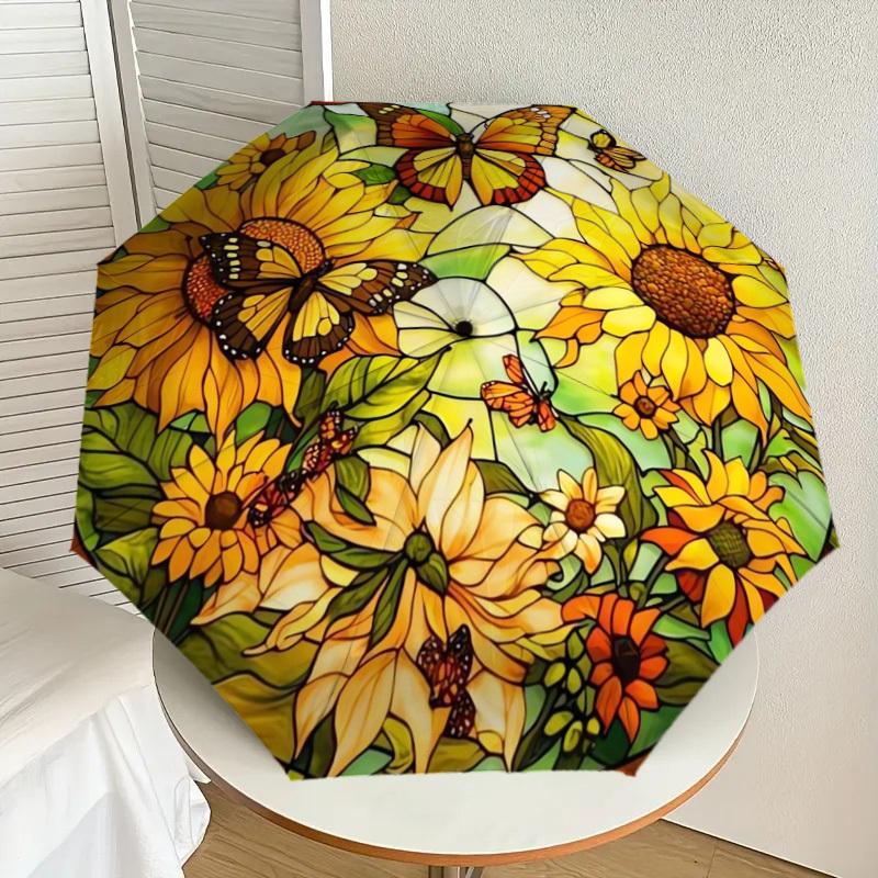 1pc Stained Glass Sunflowers Butterflies Umbrella with Plastic Handle,Suitable for All Seasons Home Travel Outdoor UmbrellaDD882