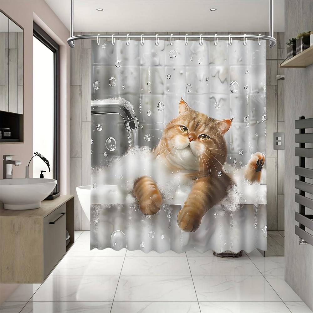 1Pc Shower Curtain - Adorable Orange Cat In A Bathtub With Bubbles And Water Drops Design Waterproof