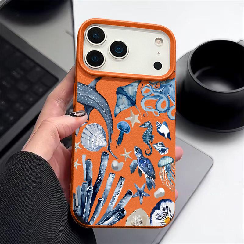 Чехол для телефона Ocean Seashell Whale для iPhone Air 17 16 15 14 13 12 Pro Max 17 16 Pro 11 16e с текстурой кожи, противоударная крышка из ТПУ