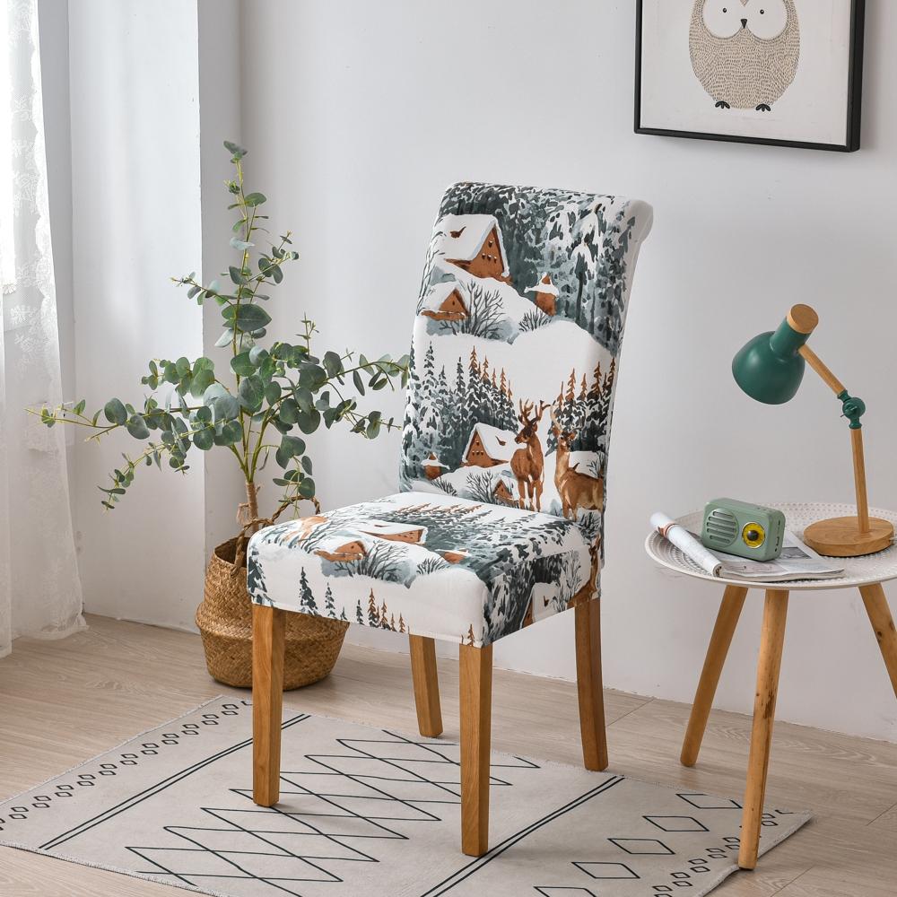 Чехол на стул для столовой Рождественский декор 2025 Принт Санта Клауса и снежинок Чехлы для офисного стула Эластичный Съемный Чехол на сиденье стула