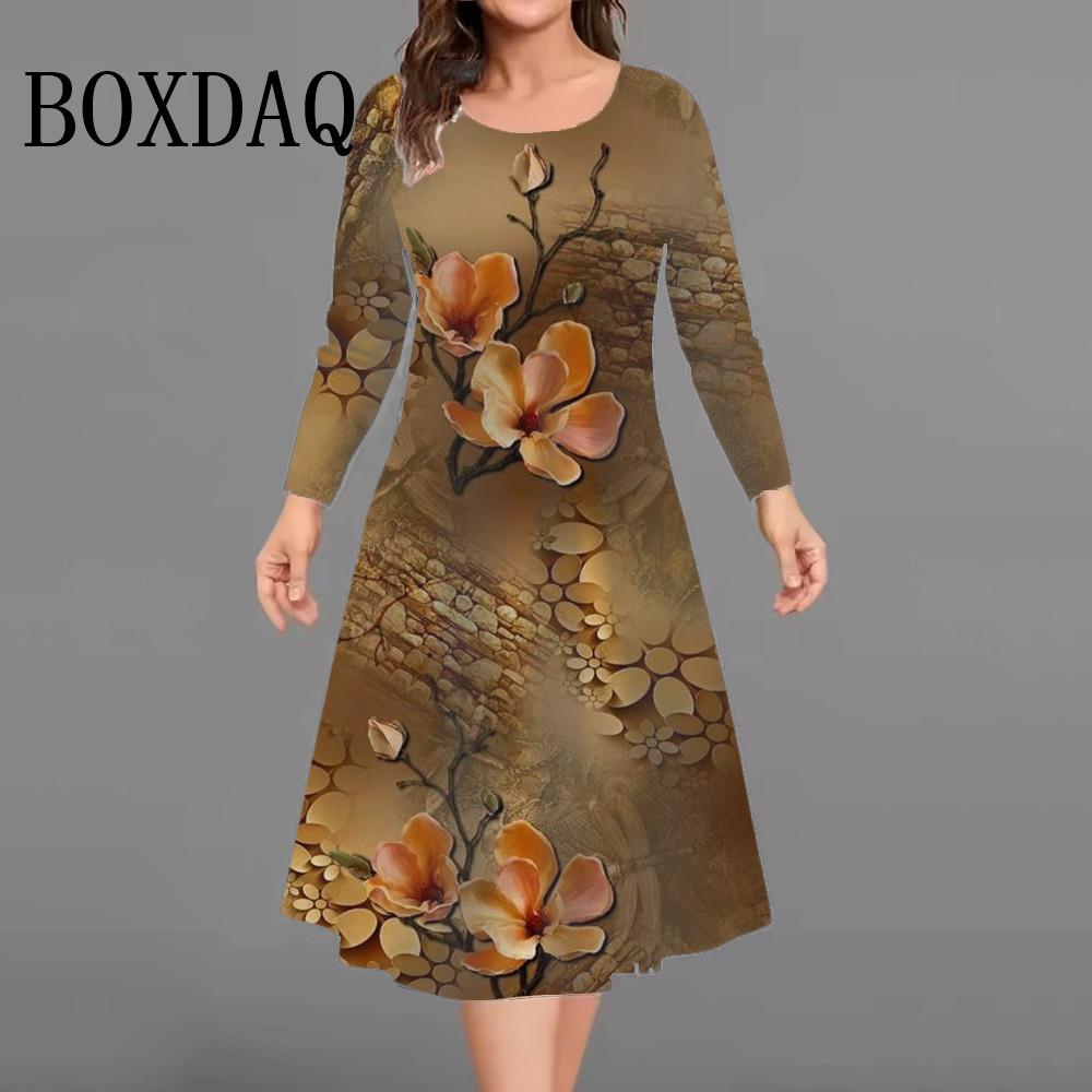 Vintage Flowers 3D Print Dresses For Women Autumn Winter Long Sleeve Large Size Dress Casual Loose Plus Size Clothing