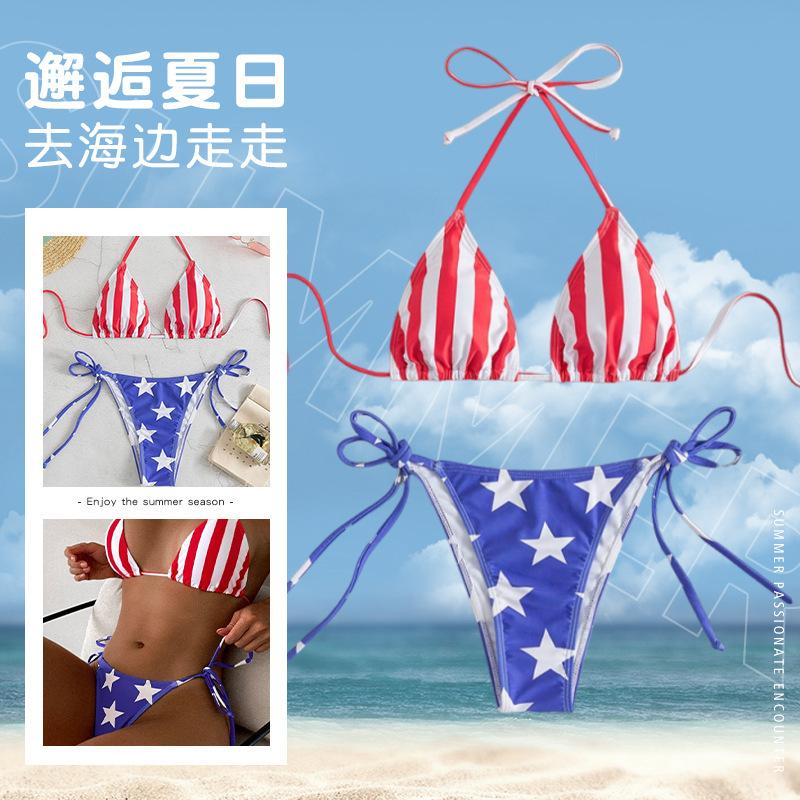European and American swimsuits American flag print bikini women's new sexy straps split swimsuit hot-selling swimwear