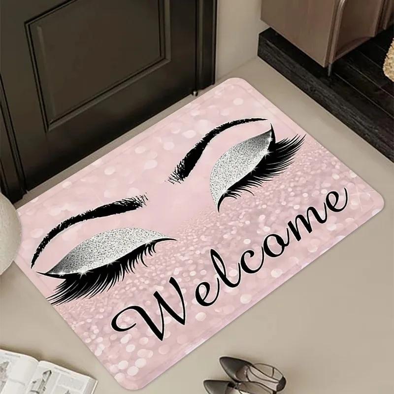 Welcome Eyelash Doormat Pink Glitter Eye Print Non Slip Washable Floor Mat for Home Entrance Hallway Decor