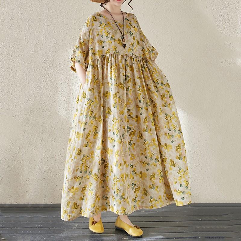 Новые платья из хлопка с короткими рукавами больших размеров и цветочным принтом для женщин, повседневные свободные длинные летние платья