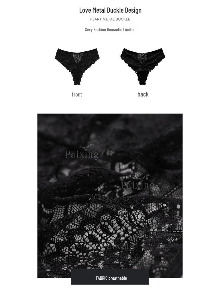 Черные кружевные трусики-стринги с вырезами для комфорта средней посадки - Сексуальное женское нижнее белье больших размеров
