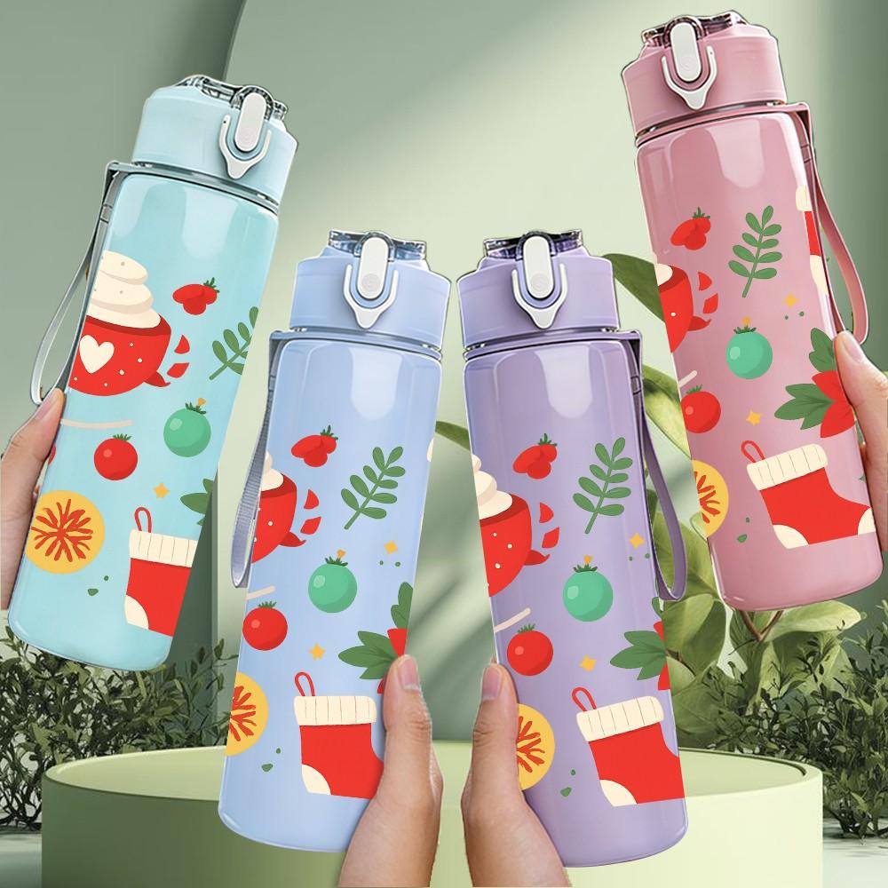 1PC Christmas Poinsettia Flower 750ml Color Plastic Sports Water Bottle Leakproof Flip Straw Lid Suitable for Sports Office Home Use