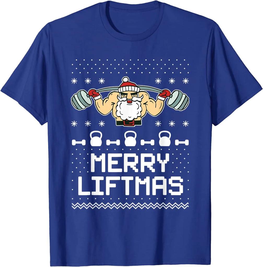 Santa Workout Gym Merry Liftmas Funny Ugly Christmas Sweater Men TShirt Short Sleeve Casual Cotton Summer T Shirt
