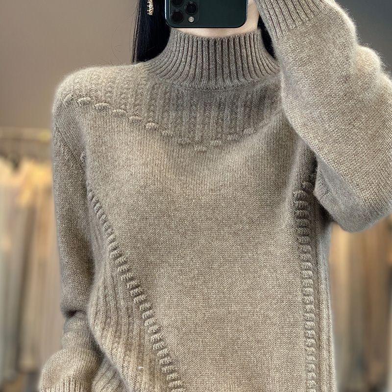 Women's Semi High Neck Thick Solid Color Sweater Pullover Casual Loose and Slimming Knitted Sweater