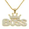 European and American Cool Hip Hop Full Diamond Crown Letters Boss Pendant Necklace Fashionmonger Personalized Exaggerated Long Accessories Pendant