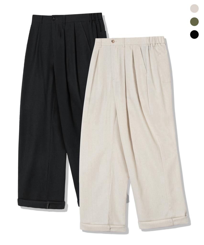 TRILLION [2Pack] Double-Pleat Tapered Linen Wide Elastic Waist Pants_3Color