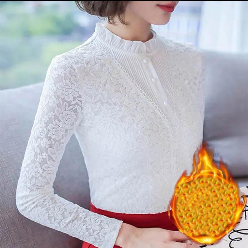 Autumn and Winter Fleece Thickened Lace Bottoming Shirt Ladies Long-sleeved All-match Modified Figure Plus Size Thermal Top