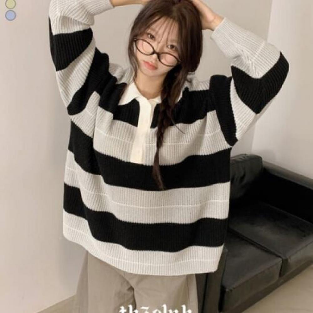 The Pink Rowing Overfit Stripe Color Block Button Collar Knit