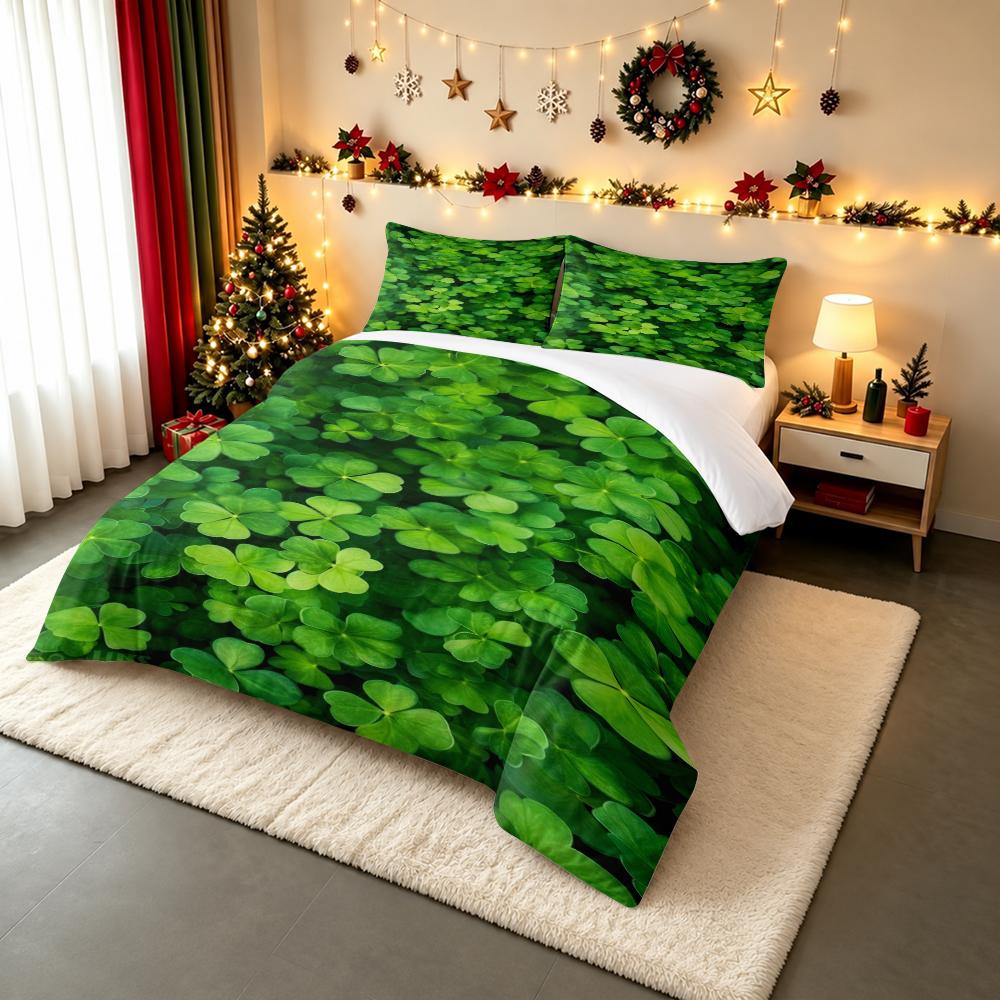 Green Four Leaf Clover Bedding set (1 duvet cover, 2 pillowcases, duvet not included), Lucky Shamrock Nature Botanical Leaves Art Print