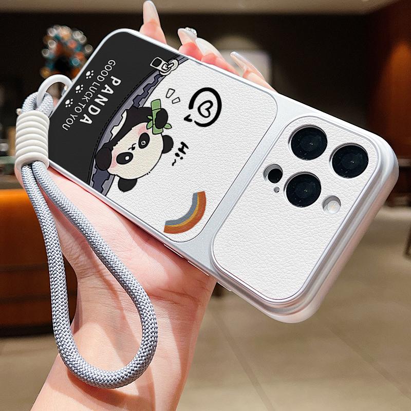 Милый мультяшный чехол-ремешок из кожи с пандой для iPhone 18 Pro Max Гибридный ТПУ+ПУ Противоскользящий Мягкий чехол для iPhone 17 16 15 14 13 Pro Max