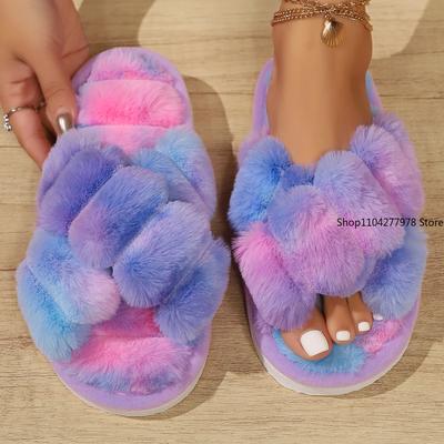Модные популярные меховые тапочки с перекрестным ремешком, женские пушистые шлепанцы, осенне-зимние, уличные, модные, сексуальные, легкие шлепанцы из ЭВА, мягкие плоские туфли