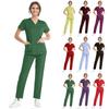 Women's Short Sleeve V Neck Solid Color Chest Pocket Work Top Elastic Waist Pants Two Piece Work Set,3 Pockets,Scrubs Tops For Women