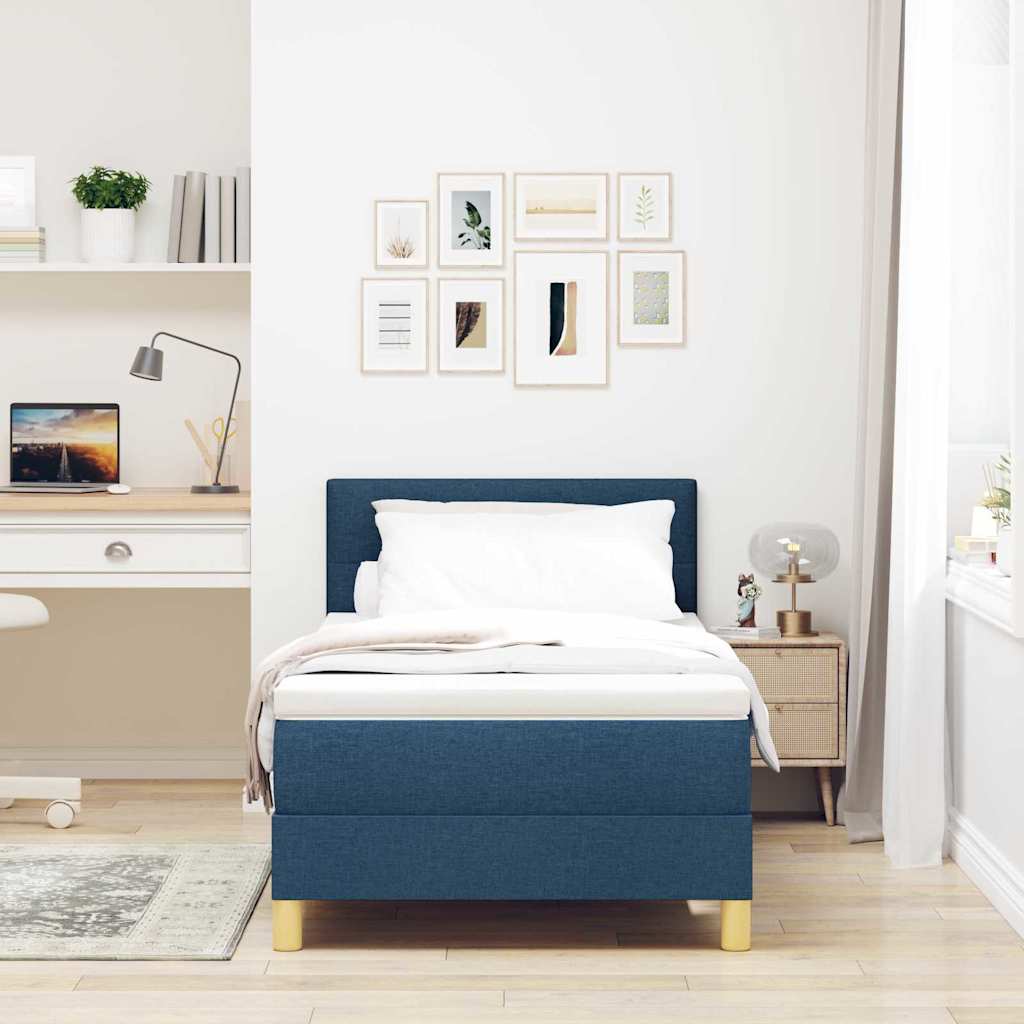 Blue Box Spring Bed with Pillow and Adjustable Headboard 90 x 190 cm Fabric