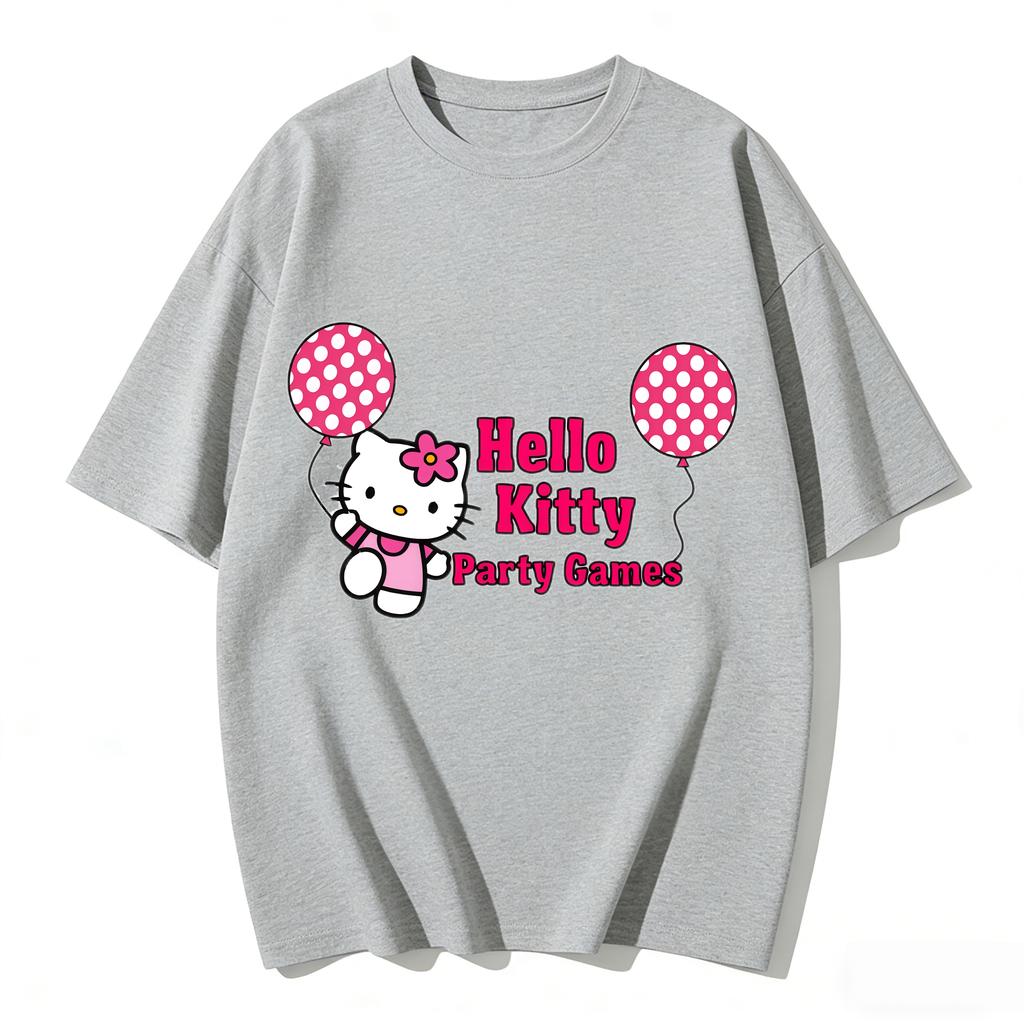 2026 New Hello Kitty Party Games Balloon Cartoon Print Tshirt Family Matching Outfits Casual Short Sleeve Tee for Women Unisex Kid