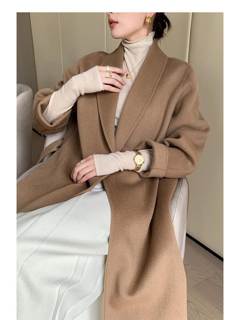 Women's Double-Faced Wool Overcoat with Tie Waist - Extra Long Lapel, Autumn/Winter.