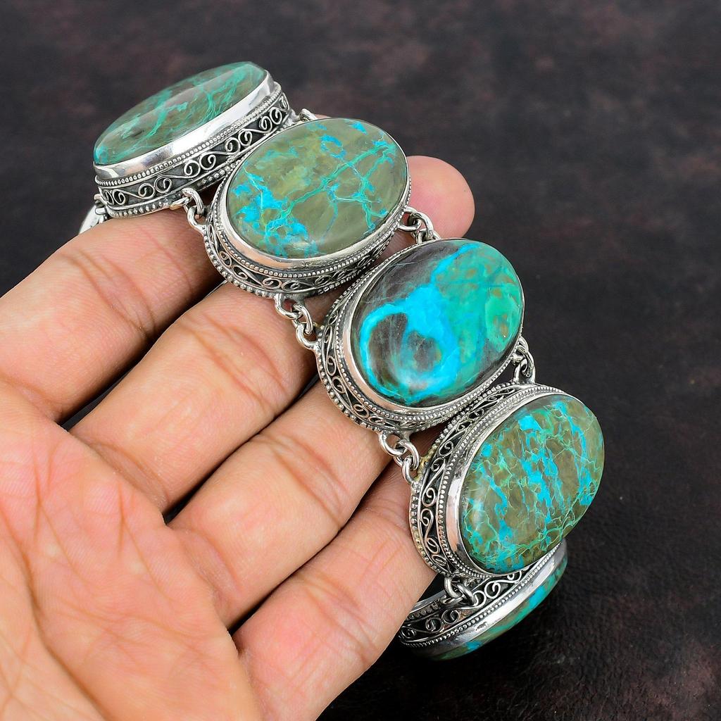 Chrysocolla Bracelet Handmade Natural Gemstone Jewelry 925 Sterling Silver Bracelet Adjustable Chain Bracelet Vintage Bracelet Gifts For Him
