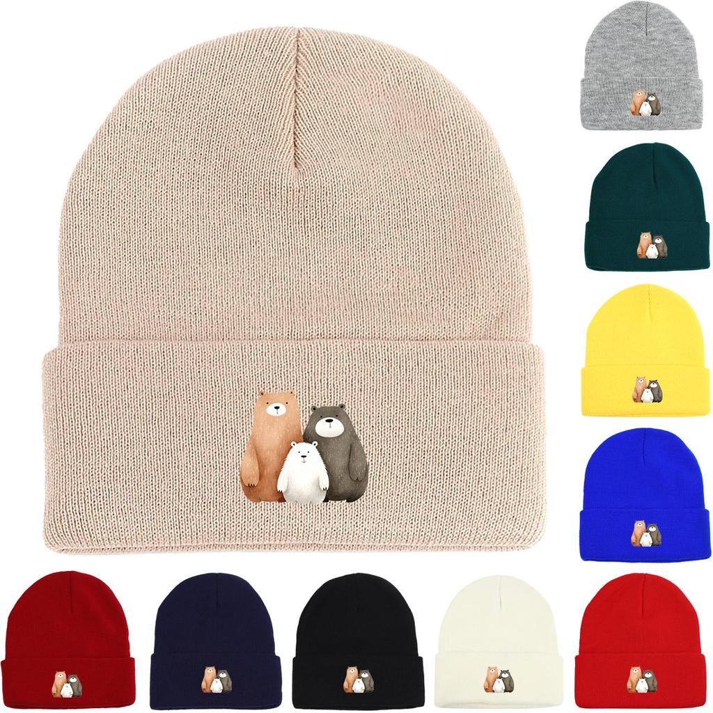 Cartoon Bear Family Print Knitted Cap Beanie, Cute Animal Skull Cap Warm Elastic Headwear Headwear Knit Hat Beanie