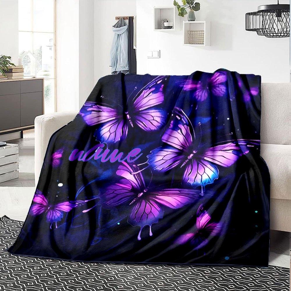 Purple Butterfly Customizable Name Home Blankets Soft Cozy Lightweight Versatile For All Seasons Perfect For Picnics Sofa Office Bed Living Room Ideal