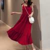 Летнее новое однотонное платье с бантом и сексуальными бретельками, женское ретро-платье с высокой талией, повседневное свободное длинное платье, женское модное облегающее элегантное платье с оборками 26371