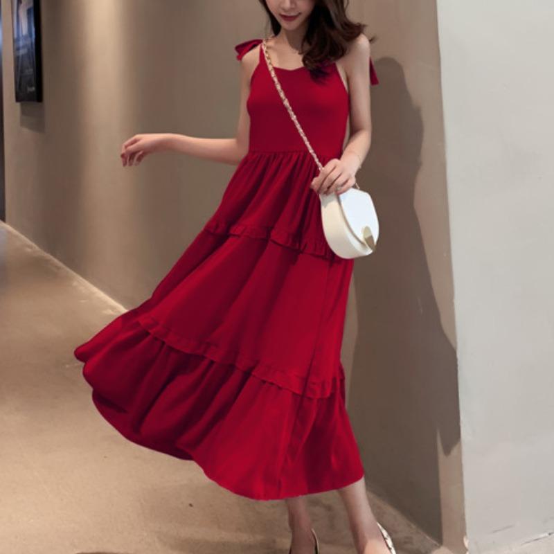 Летнее новое однотонное платье с бантом и сексуальными бретельками, женское ретро-платье с высокой талией, повседневное свободное длинное платье, женское модное облегающее элегантное платье с оборками 26371