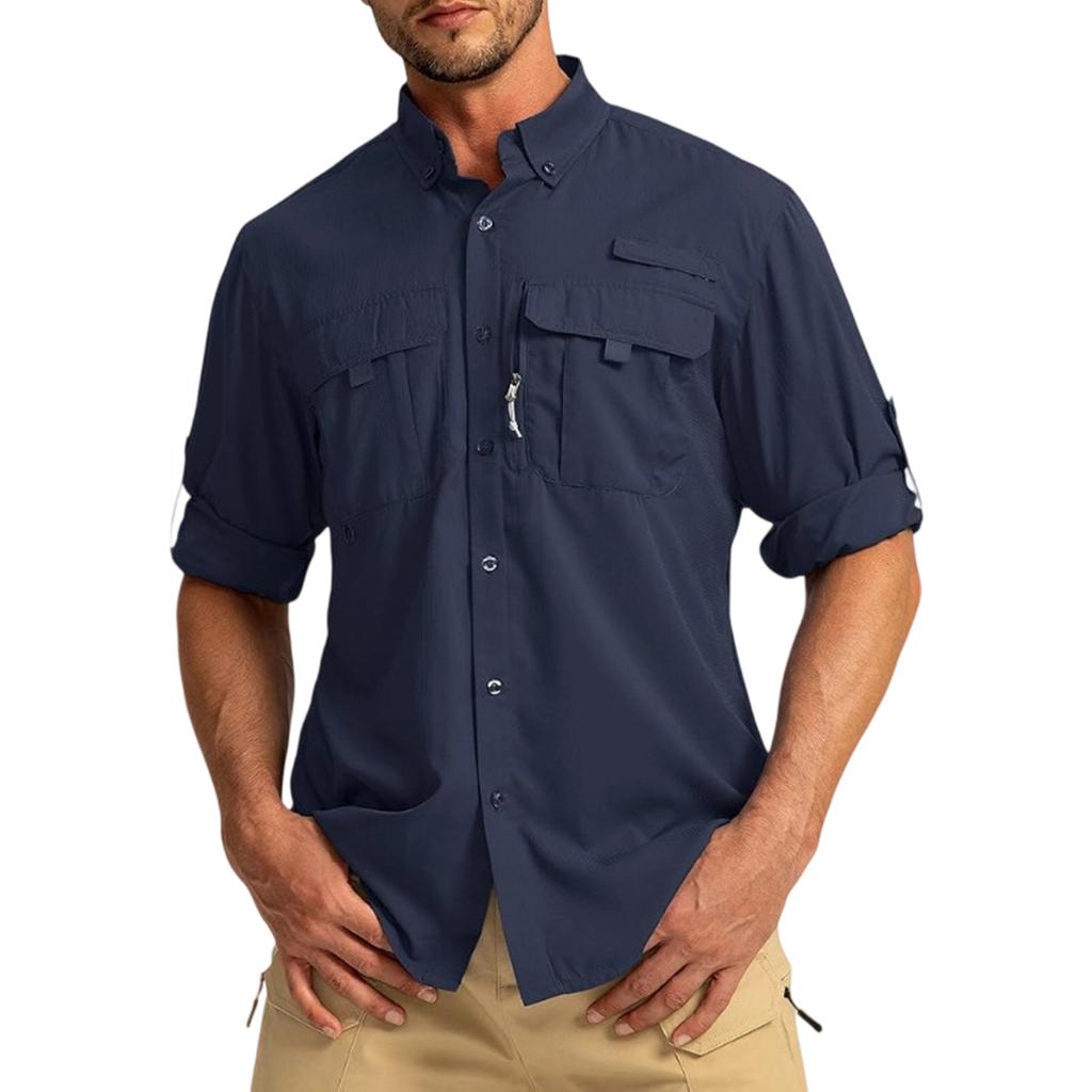 Men's Color Casual Loose Button-Down Collar Faux Pocket Long-Sleeved Shirt