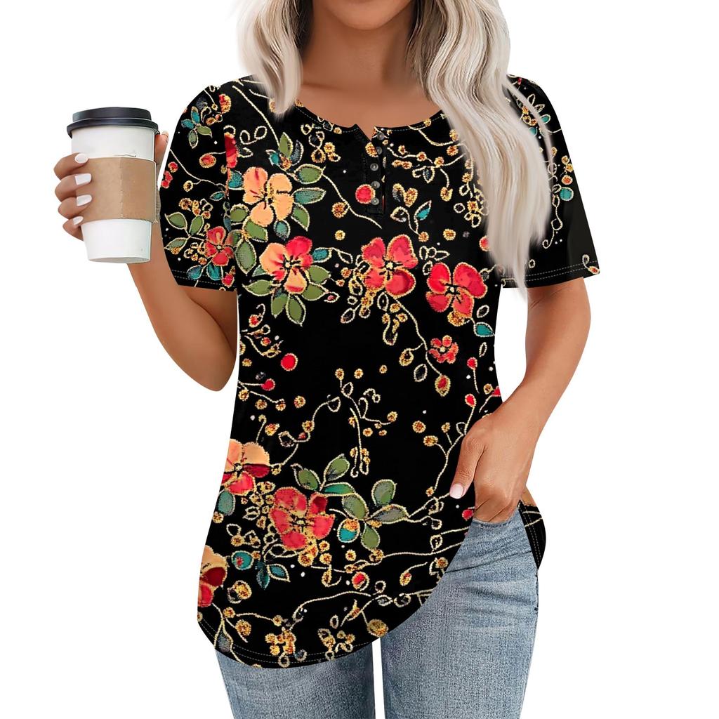 Women's Fashionable Casual Short Sleeve Button Floral Print Round Neck Pullover Top