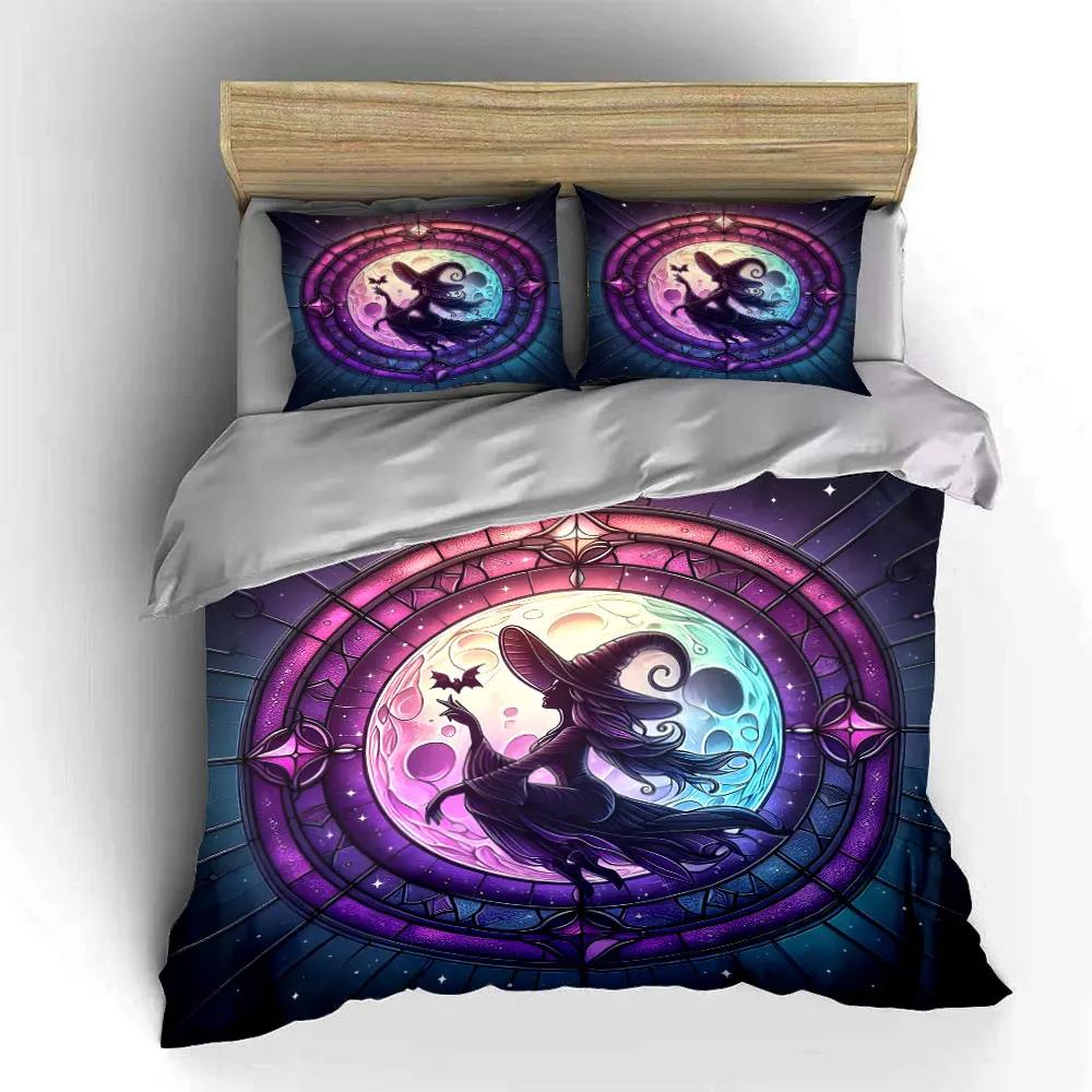 "Stained Glass Witch Decor Set" Multiple sizes kid's and adults' bedroom Exquisite 3PC bedding set, gift