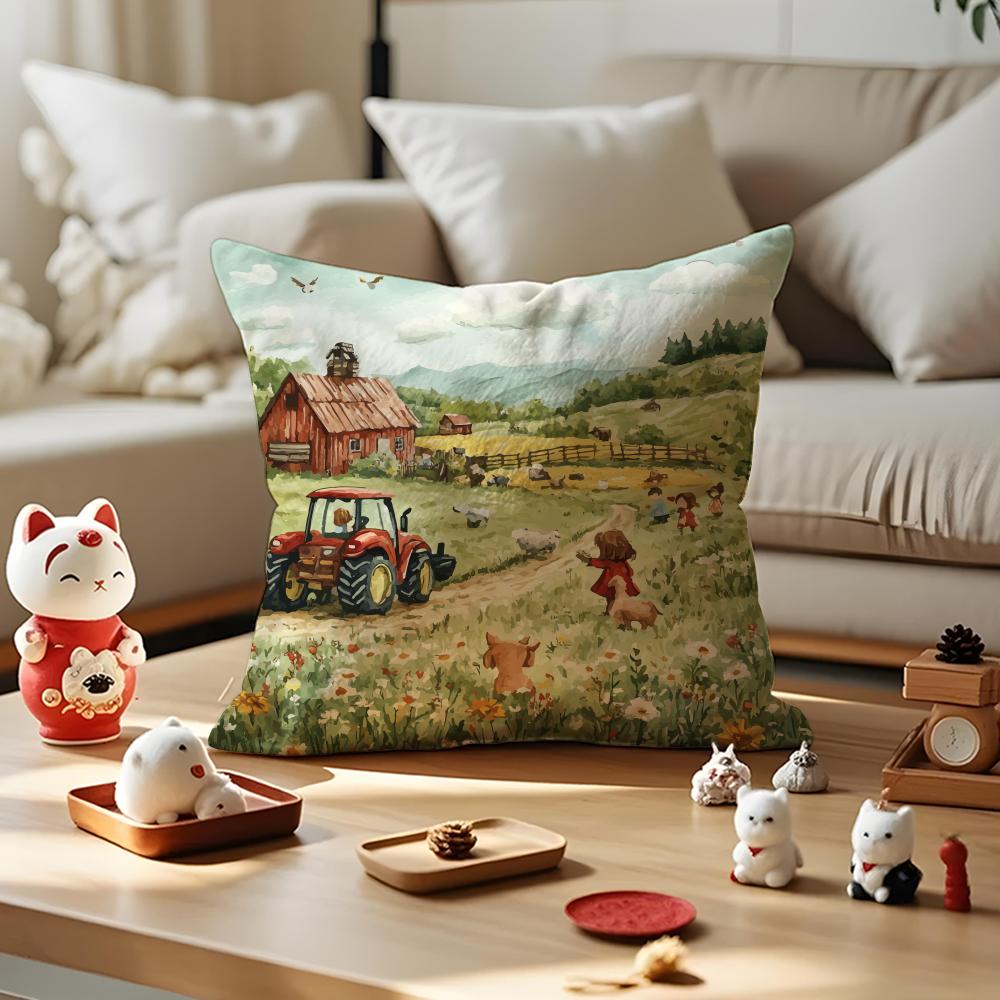 Colorful Farm Painting Pillow Case Antidustmite Pillowcase Invisible Zipper Silky Short Plush Sofa Cushion Cover