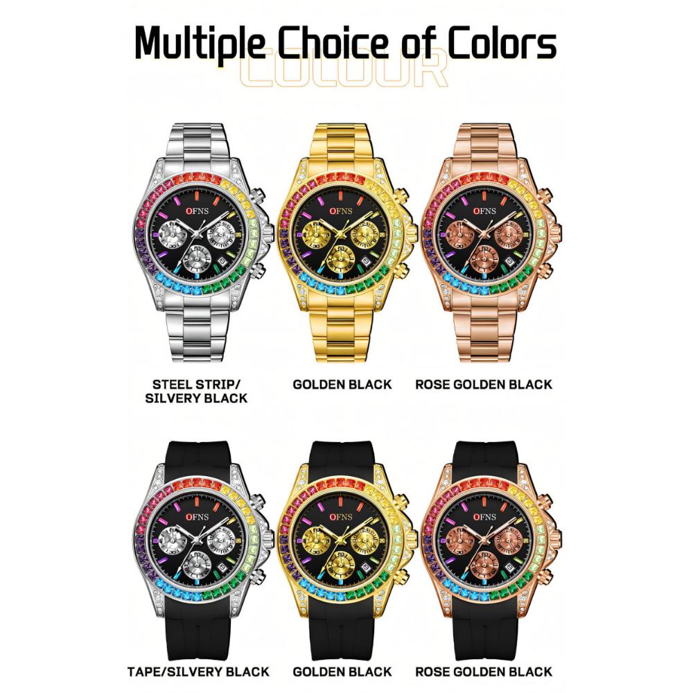 Rainbow Diamond Chronograph Men's Watch Six Pin Quartz Movement Waterproof Calendar Night Light Luxury Men's Watch