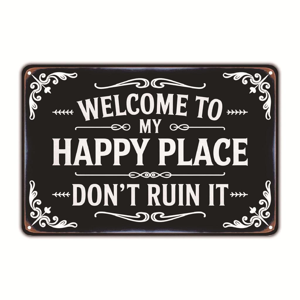 Happy Place Vintage Statement Tin Metal Sign Funny Rustic Style Garden Metal Sign for Home Patio Farm Coffee Bar Wall Decor